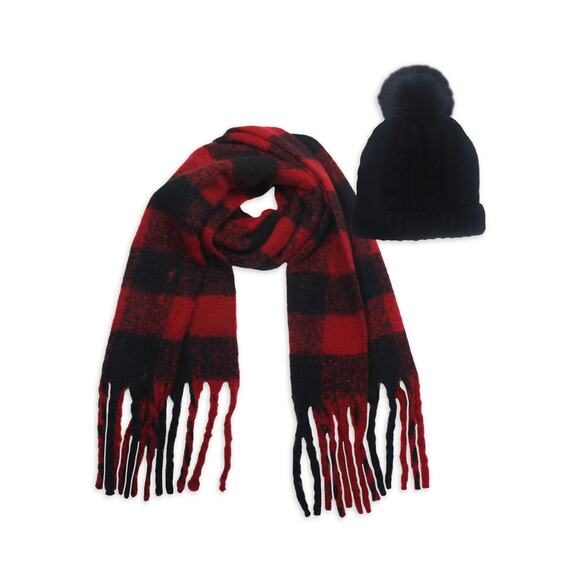 Marcus Adler Women's Red Black Buffalo Plaid Hat and Scarf Set - Picture 1 of 3